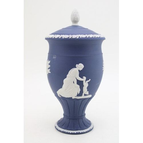 Wedgwood Cobalt Blue Jasperware lidded urn with pineapple ty...