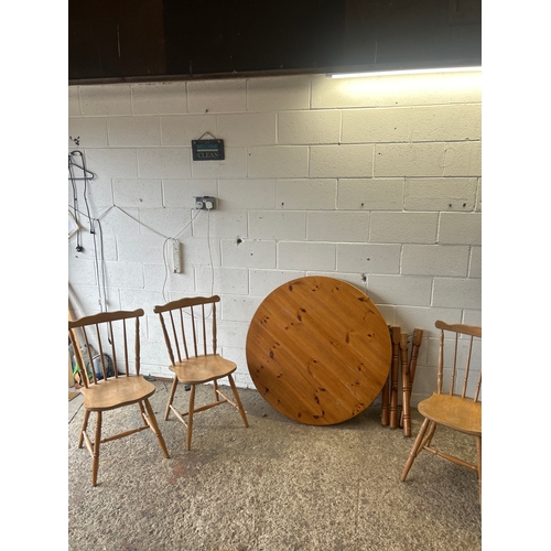 Pine circular dining table with 3 chairs - 105cm diameter
