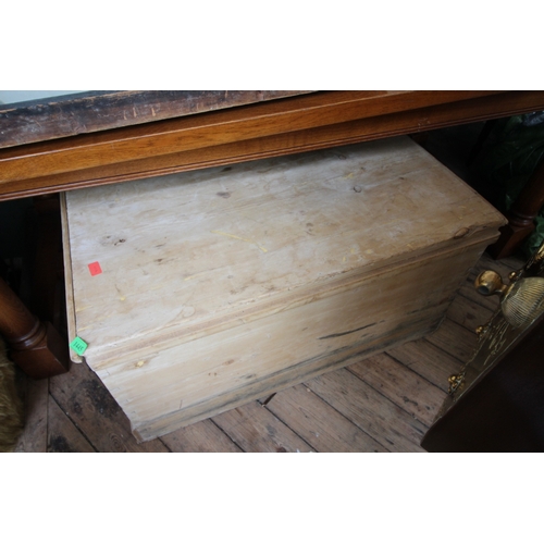 Large antique pine chest with top opener, metal handles (97c...