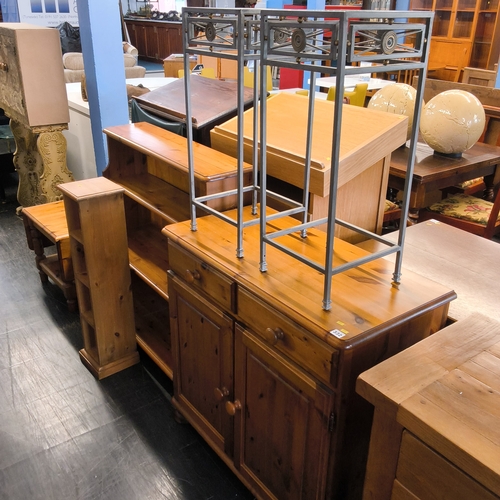 Pine cabinet, bookcase, table, cd stand and two metal and gl...