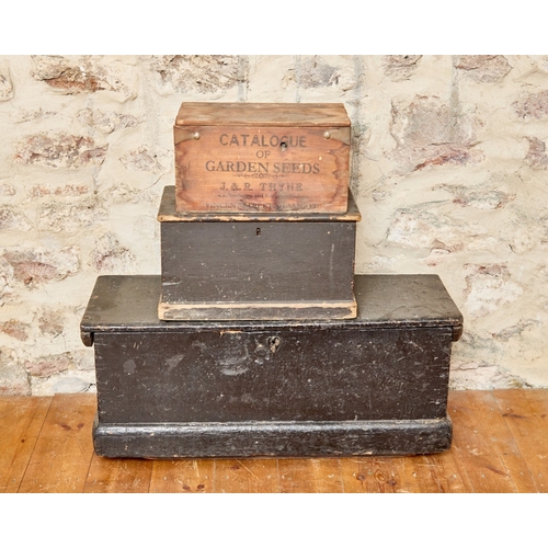 TWO BLACK PAINTED WOODEN TOOL BOXES TWO BLACK PAINTED WOODEN...
