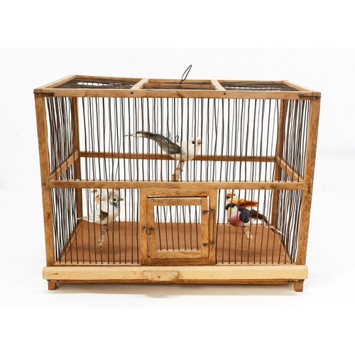 French pine bird cage with five artificial birds. Condition:...