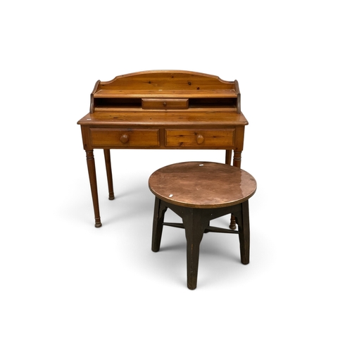 Pine Desk, 99cm wide. circular copper topped oak table. (2).