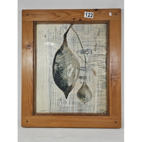A framed abstract painting of a seed, signed to the lower le...