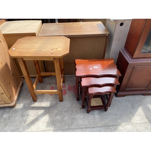 A NEST OF THREE TABLES AND TWO TIER PINE OCCASIONAL TABLE WI...