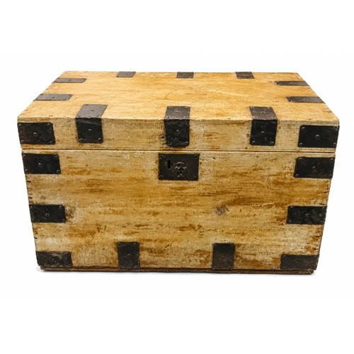 19th Century antique pine storage chest with rustic iron ban...