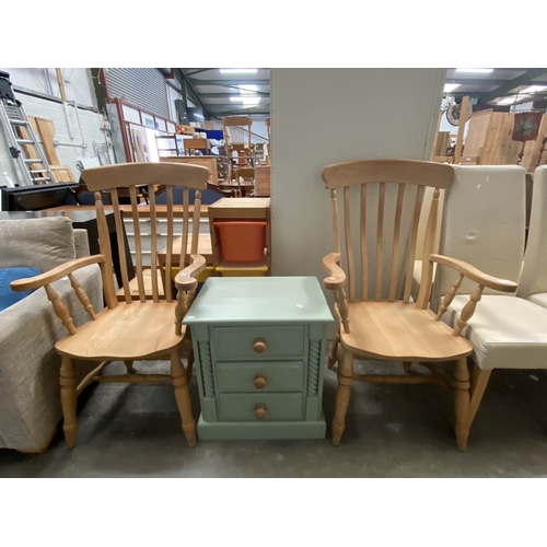 Pair of pine farmhouse chairs 114H 68W and a painted pine th...