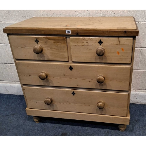 A 19TH CENTURY PINE CHEST OF TWO SHORT OVER TWO LONG DRAWERS...