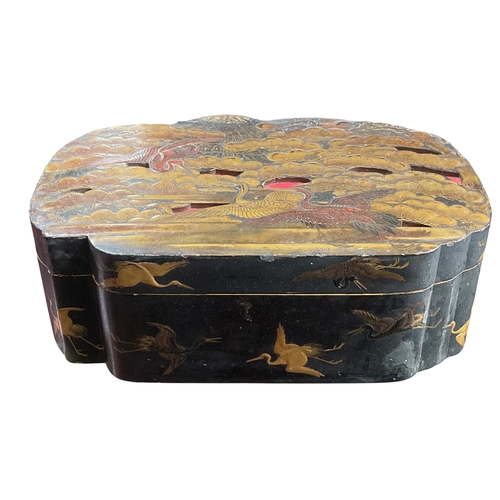 A large Antique Japanese Lacquer Box Decorated with Cranes ,...