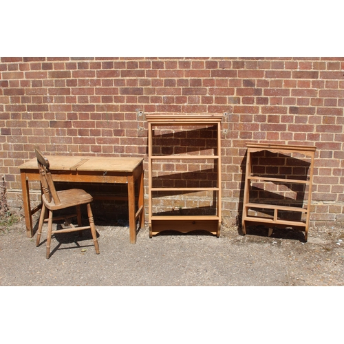 PINE SCHOOL DESK,CHAIR AND TWO HANGING WALL SHELVES102 ...