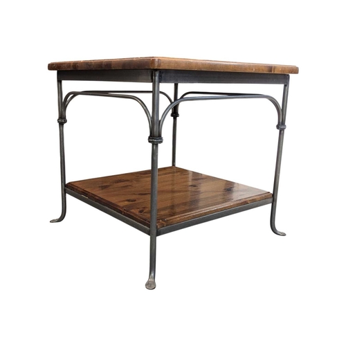 A vintage late 20th century pine and metal square coffee low...