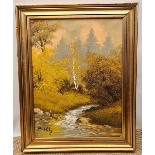 Vintage Pine Framed Oil on Canvas Scenic Picture Signed Bill...