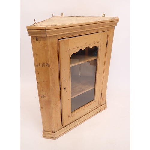 A 19th century pine glazed corner wall display cupboard, 78c...