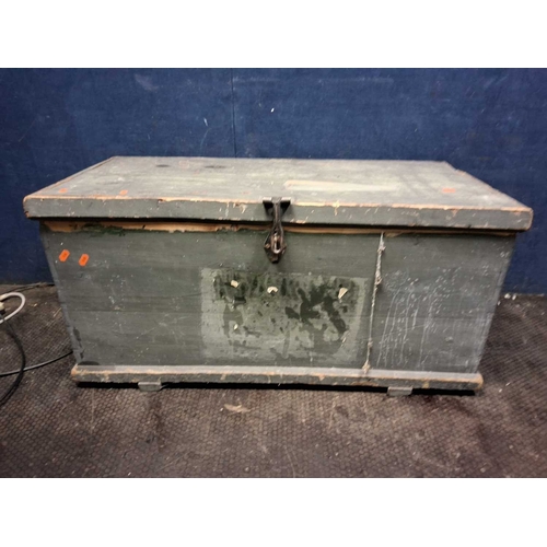 A VINTAGE PINE TOOLCHEST CONTAINING TOOLS including a jack, ...