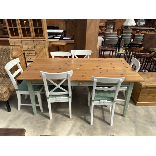 A KNOTTY PINE KITCHEN TABLE, 71" X 37", ON TAPERING LEGS AND...