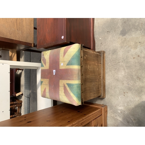A SMALL STAINED PINE STOOL WITH UNION JACK TOP