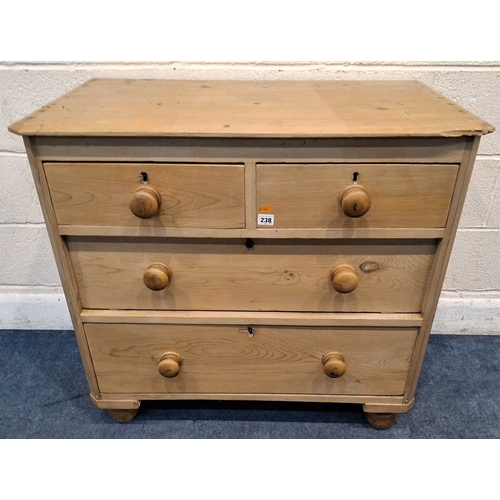 A 19TH CENTURY PINE CHEST OF TWO SHORT OVER TWO LONG DRAWERS...
