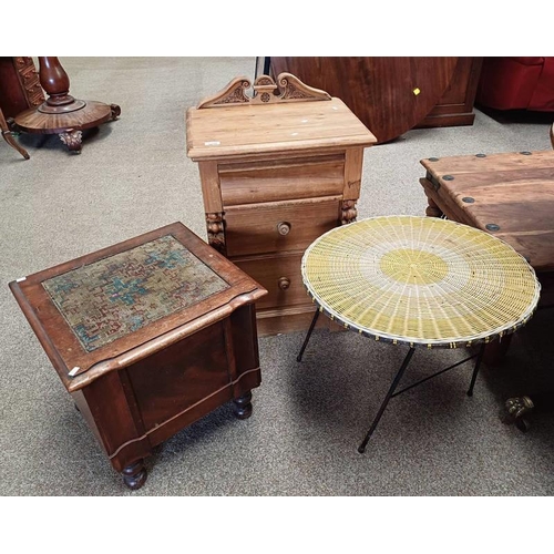 PINE 3 DRAWER BEDSIDE CHEST WITH CARVED DECORATION, MAHOGANY...