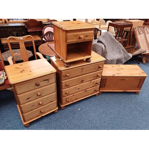 PINE CHEST OF 4 LONG DRAWERS, PINE LINEN BOX, ETC.