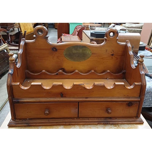PINE WINE RACK WITH 3 DRAWERS TO BASE & BRASS PLAQUE TO BACK...