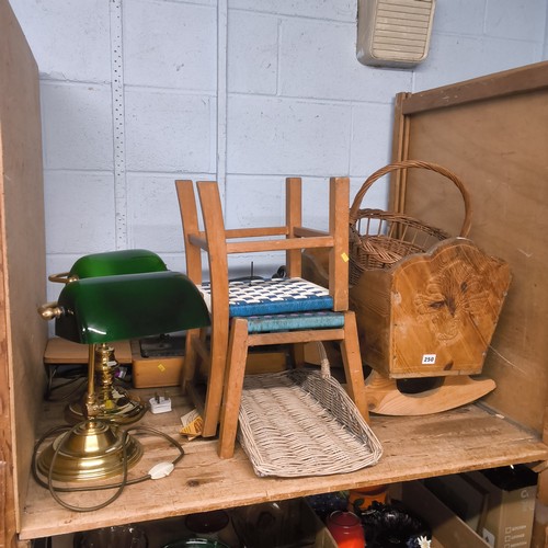 A shelf of banker's lamps, pine crib, a Singer sewing machin...
