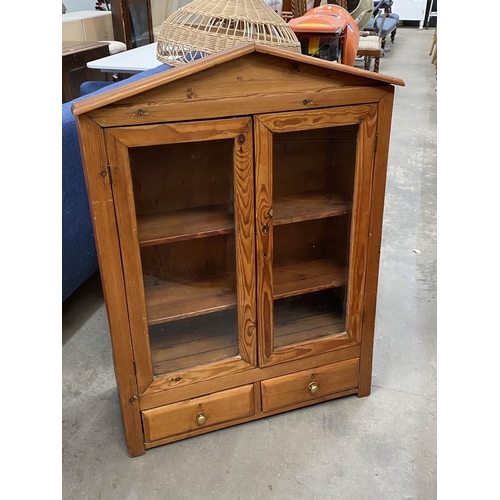 Pine glazed two door wall mounted cupboard 105H 75W 32D