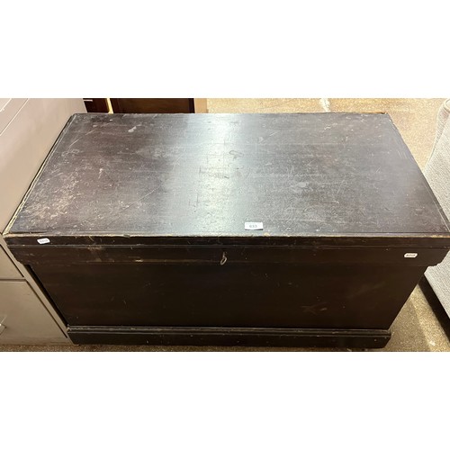 Painted 19th century pine blanket box and two walking sticks...