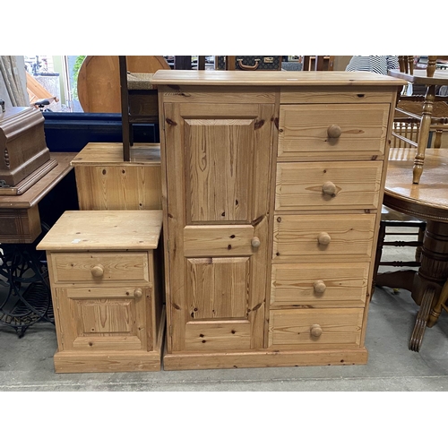 Pine one door/five drawer tallboy 122H 91W 41D & a pine beds...