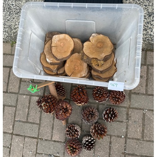 Large pine cones and chopped wood slices