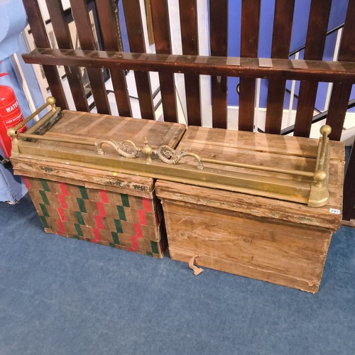 Brass fire curb, and two pine chests