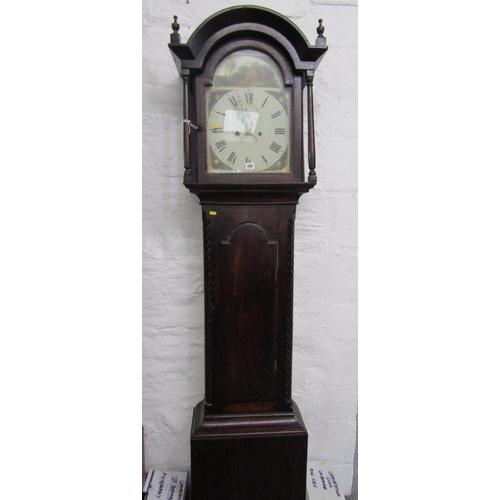 MAHOGANY GRANDFATHER CLOCK with painted arch dial, secondary...