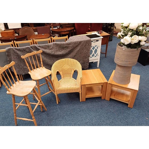 PAIR OF PINE BREAKFAST BAR STOOLS, WICKER CHAIR, OAK SQUARE ...