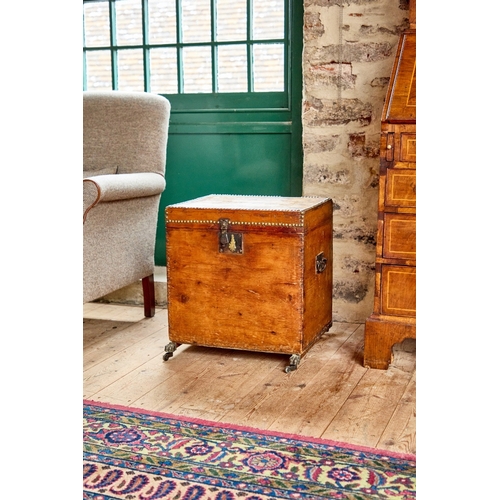 A PINE BOX OR TRUNK WITH BRASS STUDDED LID A PINE BOX OR TRU...