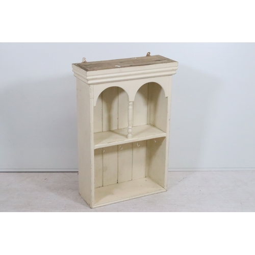 Early 20th century pine painted wall shelf with panelled bac...