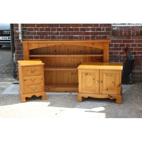 PINE BOOKCASE, CUPBOARD AND BEDSIDE TABLE160 X 33 X 96CM
